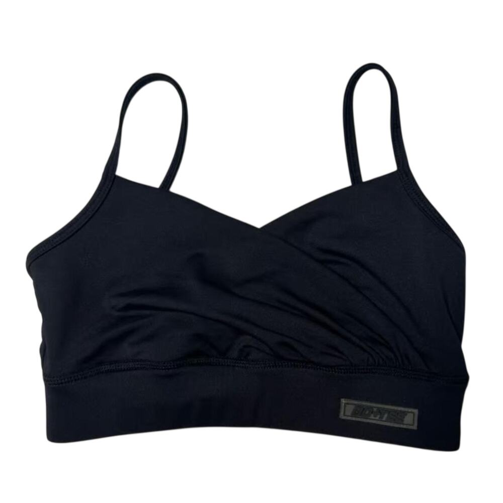 Bo+Tee Black Crossover Ruched Sports Bra Gym Workout Crop Top Size Small